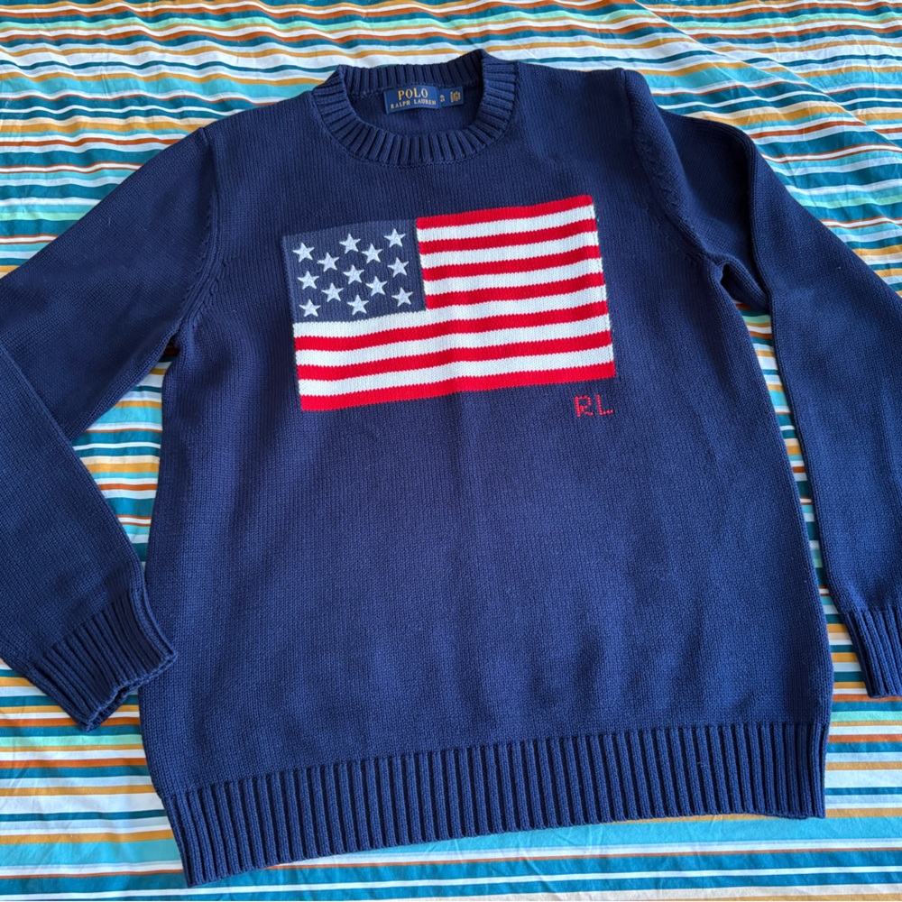 Men's Blue Sweater with Flag Design
